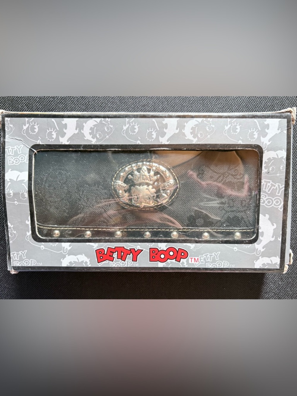 Betty Boop Black Silver Studded Printed Trifold Wallet Snap Closure New In Box